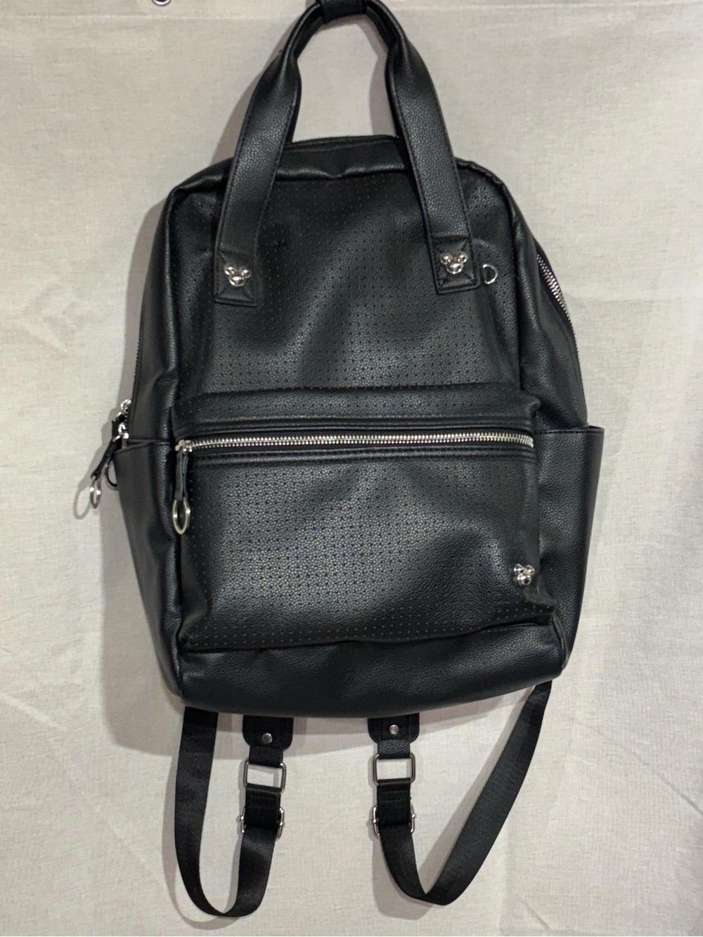 Disney Mickey Mouse Perforated Pin Flair Backpack • Black Faux Leather